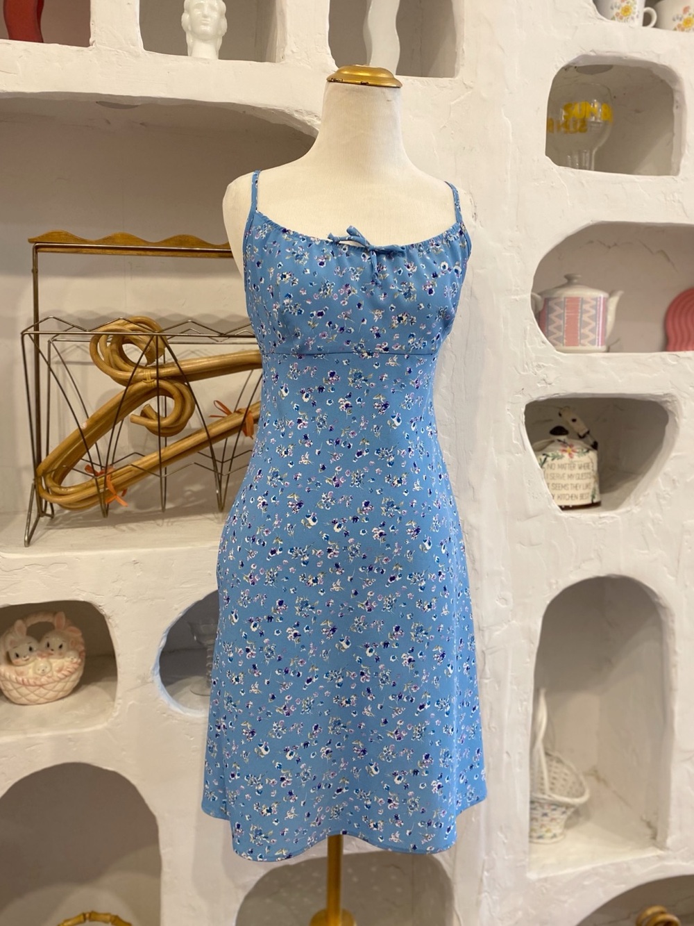 Y2K Vintage Blue Floral A-Line Spaghetti-Strap Midi Summer Dress